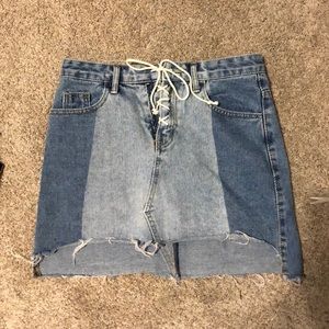 High waisted distressed jean skirt